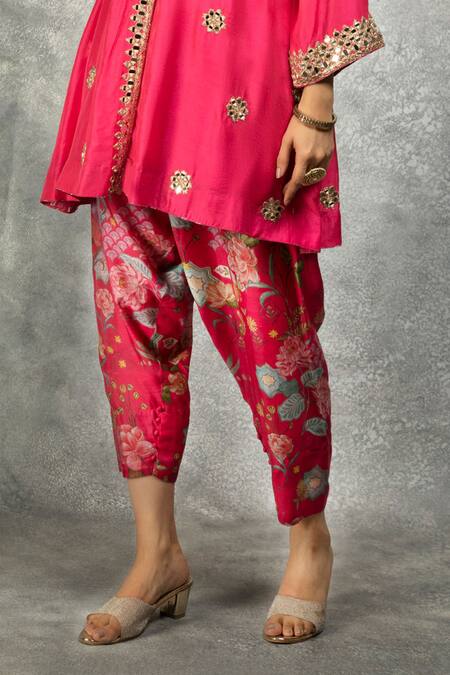 Tanu Malhotra Pink Kurta And Salwar Pant Cotton Silk Embroidered Mirror & Floral Print Set  4