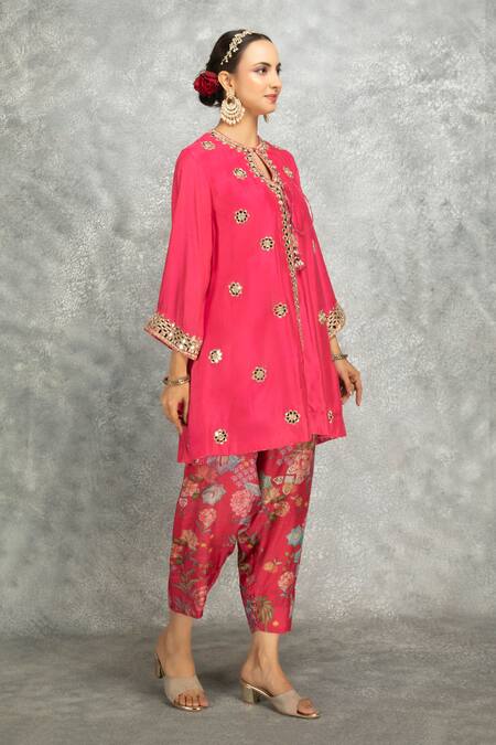 Tanu Malhotra Pink Kurta And Salwar Pant Cotton Silk Embroidered Mirror & Floral Print Set  5