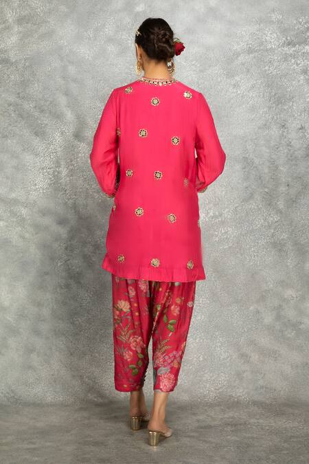 Tanu Malhotra Pink Kurta And Salwar Pant Cotton Silk Embroidered Mirror & Floral Print Set  6