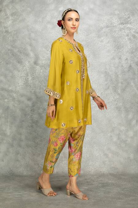 Shop Tanu Malhotra Yellow Cotton, Silk, Organza Embroidery, Gota Patti, Mirror Dori Kurta Set Online at Aza Fashions Shop_Tanu Malhotra_Yellow Cotton, Silk, Organza Embroidery, Gota Patti, Mirror Dori Kurta Set _Online_at_Aza_Fashions