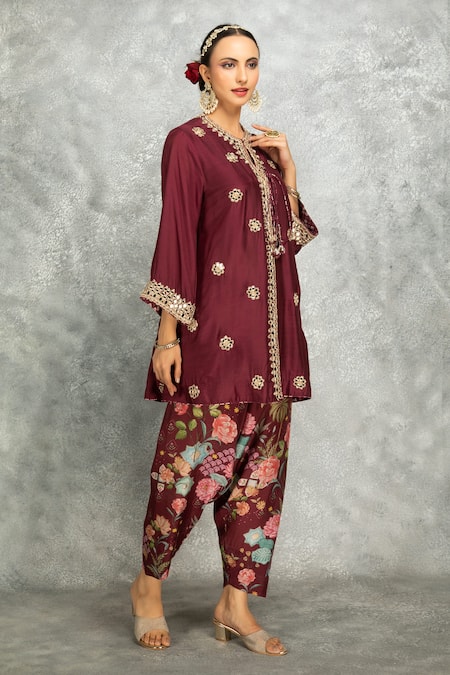 Buy Tanu Malhotra Wine Cotton, Silk, Organza Embroidery, Gota Kurta And Floral Print Salwar Pant Set Online at Aza Fashions Buy_Tanu Malhotra_Wine Cotton, Silk, Organza Embroidery, Gota Kurta And Floral Print Salwar Pant Set _Online_at_Aza_Fashions