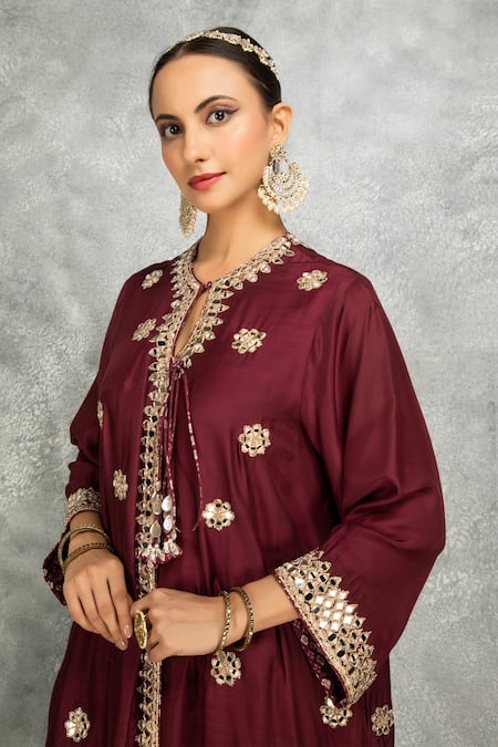 Tanu Malhotra Wine Cotton, Silk, Organza Embroidery, Gota Kurta And Floral Print Salwar Pant Set at Aza Fashions Tanu Malhotra_Wine Cotton, Silk, Organza Embroidery, Gota Kurta And Floral Print Salwar Pant Set _at_Aza_Fashions