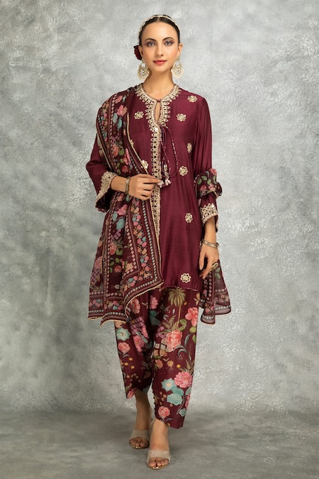 Tanu Malhotra Wine Kurta And Salwar Pant Cotton Silk Embroidered Mirror & Floral Print Set 