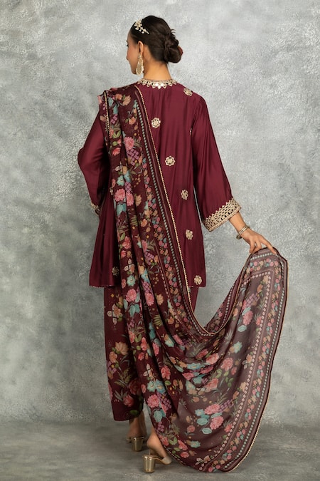 Shop Tanu Malhotra Wine Cotton, Silk, Organza Embroidery, Gota Kurta And Floral Print Salwar Pant Set at Aza Fashions Shop_Tanu Malhotra_Wine Cotton, Silk, Organza Embroidery, Gota Kurta And Floral Print Salwar Pant Set _at_Aza_Fashions