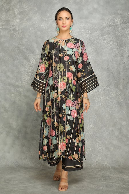 Buy Tanu Malhotra Black Cotton, Silk, Organza Embroidery, Gota Floral Print Kurta And Pant Set Online at Aza Fashions Buy_Tanu Malhotra_Black Cotton, Silk, Organza Embroidery, Gota Floral Print Kurta And Pant Set _Online_at_Aza_Fashions