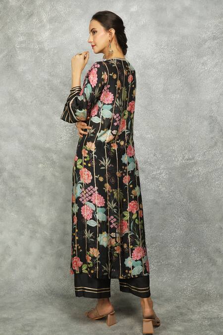 Tanu Malhotra Black Cotton, Silk, Organza Embroidery, Gota Floral Print Kurta And Pant Set at Aza Fashions Tanu Malhotra_Black Cotton, Silk, Organza Embroidery, Gota Floral Print Kurta And Pant Set _at_Aza_Fashions