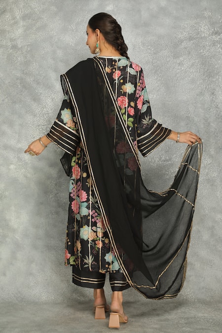 Shop Tanu Malhotra Black Cotton, Silk, Organza Embroidery, Gota Floral Print Kurta And Pant Set at Aza Fashions Shop_Tanu Malhotra_Black Cotton, Silk, Organza Embroidery, Gota Floral Print Kurta And Pant Set _at_Aza_Fashions