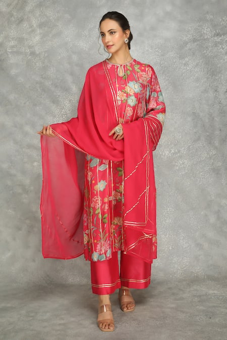 Tanu Malhotra Pink Kurta And Pant Cotton Silk Embroidered Floral Round Gota Lace Set 