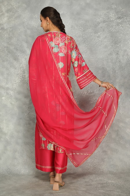 Shop Tanu Malhotra Pink Cotton, Silk, Organza Gota Patti, Lace Round Embroidered Kurta Pant Set at Aza Fashions Shop_Tanu Malhotra_Pink Cotton, Silk, Organza Gota Patti, Lace Round Embroidered Kurta Pant Set _at_Aza_Fashions