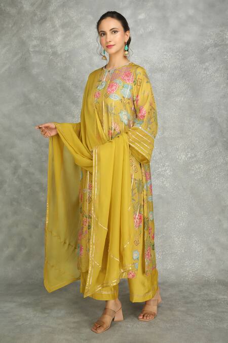 Tanu Malhotra Green Cotton, Silk, Organza Embroidery, Lace, Gota Patti Round Kurta And Pant Set Online at Aza Fashions Tanu Malhotra_Green Cotton, Silk, Organza Embroidery, Lace, Gota Patti Round Kurta And Pant Set _Online_at_Aza_Fashions