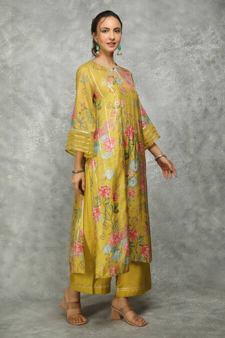 Shop Tanu Malhotra Green Cotton, Silk, Organza Embroidery, Lace, Gota Patti Round Kurta And Pant Set Online at Aza Fashions Shop_Tanu Malhotra_Green Cotton, Silk, Organza Embroidery, Lace, Gota Patti Round Kurta And Pant Set _Online_at_Aza_Fashions