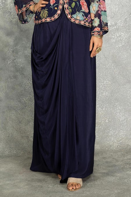 Tanu Malhotra Blue Georgette, Modal Embroidery, Mirrors Floral Print Jacket With Draped Skirt Online at Aza Fashions Tanu Malhotra_Blue Georgette, Modal Embroidery, Mirrors Floral Print Jacket With Draped Skirt _Online_at_Aza_Fashions