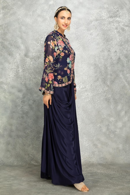 Buy Tanu Malhotra Blue Georgette, Modal Embroidery, Mirrors Floral Print Jacket With Draped Skirt Online at Aza Fashions Buy_Tanu Malhotra_Blue Georgette, Modal Embroidery, Mirrors Floral Print Jacket With Draped Skirt _Online_at_Aza_Fashions