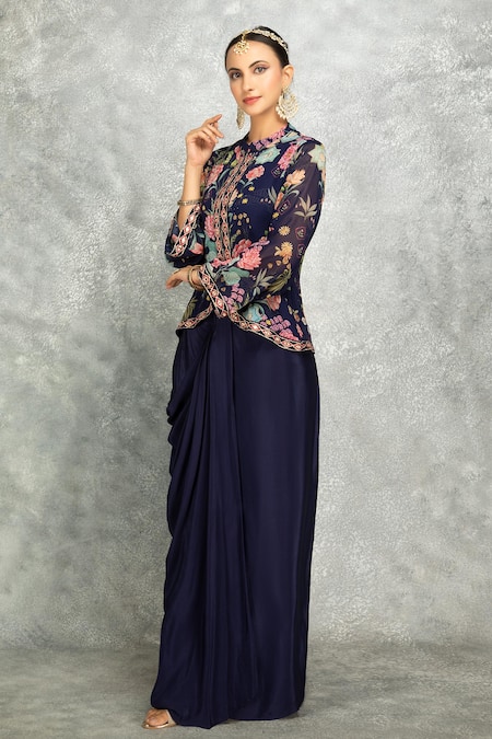 Shop Tanu Malhotra Blue Georgette, Modal Embroidery, Mirrors Floral Print Jacket With Draped Skirt Online at Aza Fashions Shop_Tanu Malhotra_Blue Georgette, Modal Embroidery, Mirrors Floral Print Jacket With Draped Skirt _Online_at_Aza_Fashions