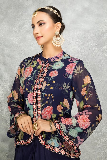 Tanu Malhotra Blue Georgette, Modal Embroidery, Mirrors Floral Print Jacket With Draped Skirt at Aza Fashions Tanu Malhotra_Blue Georgette, Modal Embroidery, Mirrors Floral Print Jacket With Draped Skirt _at_Aza_Fashions