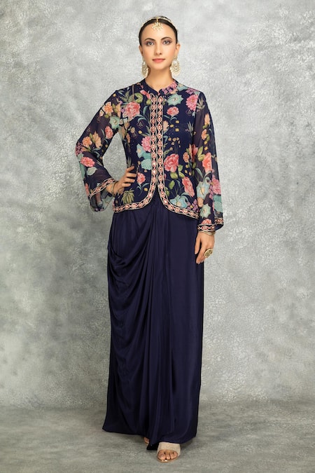 Tanu Malhotra Floral Print Jacket With Draped Skirt 