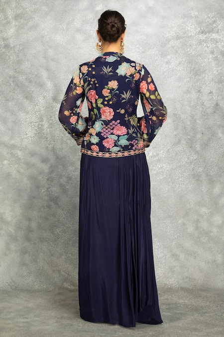 Shop Tanu Malhotra Blue Georgette, Modal Embroidery, Mirrors Floral Print Jacket With Draped Skirt at Aza Fashions Shop_Tanu Malhotra_Blue Georgette, Modal Embroidery, Mirrors Floral Print Jacket With Draped Skirt _at_Aza_Fashions