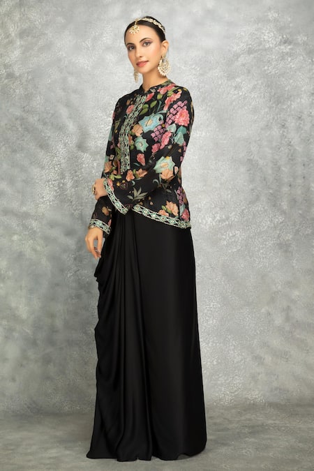 Tanu Malhotra_Black Georgette, Modal, Silk Embroidery, Floral Print Jacket And Draped Skirt Set _Online_at_Aza_Fashions