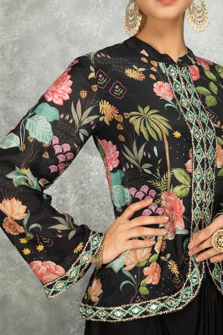 Buy_Tanu Malhotra_Black Georgette, Modal, Silk Embroidery, Floral Print Jacket And Draped Skirt Set _Online_at_Aza_Fashions