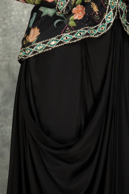Shop_Tanu Malhotra_Black Georgette, Modal, Silk Embroidery, Floral Print Jacket And Draped Skirt Set _Online_at_Aza_Fashions