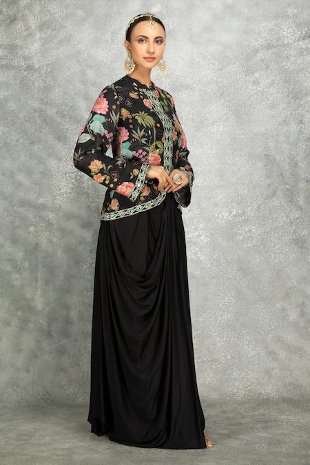 Tanu Malhotra Floral Print Jacket & Draped Skirt Set 