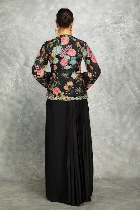 Tanu Malhotra Floral Print Jacket & Draped Skirt Set 