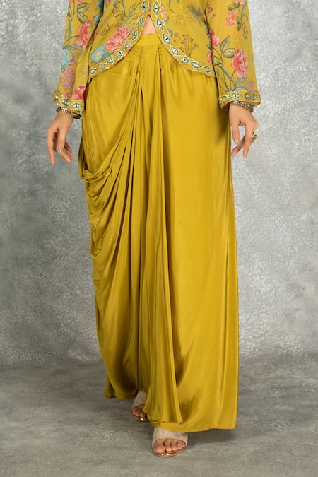 Tanu Malhotra Green Georgette, Modal, Silk Embroidery, Mirrors Round Jacket And Draped Skirt Set Online at Aza Fashions Tanu Malhotra_Green Georgette, Modal, Silk Embroidery, Mirrors Round Jacket And Draped Skirt Set _Online_at_Aza_Fashions