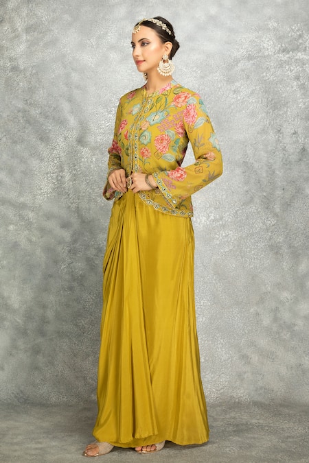 Buy Tanu Malhotra Green Georgette, Modal, Silk Embroidery, Mirrors Round Jacket And Draped Skirt Set Online at Aza Fashions Buy_Tanu Malhotra_Green Georgette, Modal, Silk Embroidery, Mirrors Round Jacket And Draped Skirt Set _Online_at_Aza_Fashions