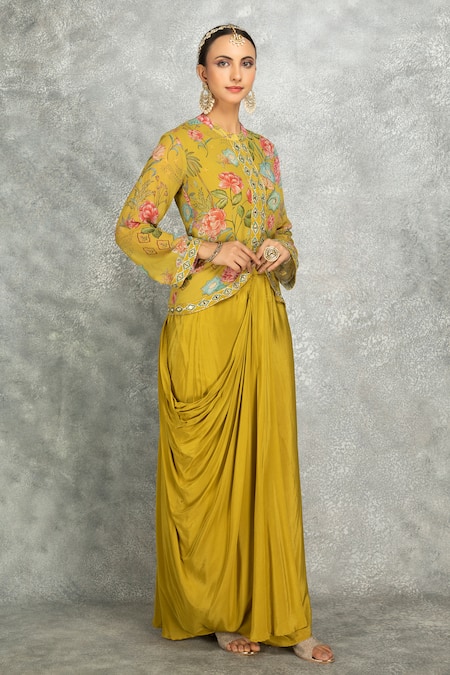 Shop Tanu Malhotra Green Georgette, Modal, Silk Embroidery, Mirrors Round Jacket And Draped Skirt Set Online at Aza Fashions Shop_Tanu Malhotra_Green Georgette, Modal, Silk Embroidery, Mirrors Round Jacket And Draped Skirt Set _Online_at_Aza_Fashions