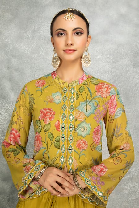 Tanu Malhotra Green Georgette, Modal, Silk Embroidery, Mirrors Round Jacket And Draped Skirt Set at Aza Fashions Tanu Malhotra_Green Georgette, Modal, Silk Embroidery, Mirrors Round Jacket And Draped Skirt Set _at_Aza_Fashions