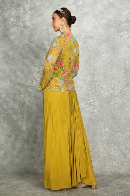 Shop Tanu Malhotra Green Georgette, Modal, Silk Embroidery, Mirrors Round Jacket And Draped Skirt Set at Aza Fashions Shop_Tanu Malhotra_Green Georgette, Modal, Silk Embroidery, Mirrors Round Jacket And Draped Skirt Set _at_Aza_Fashions