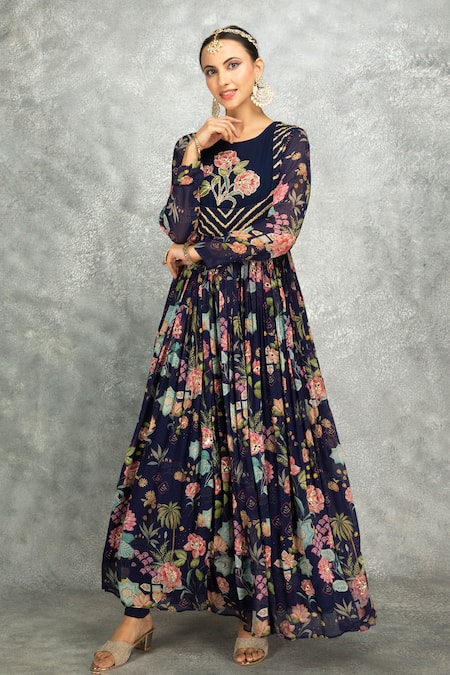 Tanu Malhotra Blue Georgette, Lycra, Organza Beads Round Floral Print Anarkali Churidar Set Online at Aza Fashions Tanu Malhotra_Blue Georgette, Lycra, Organza Beads Round Floral Print Anarkali Churidar Set _Online_at_Aza_Fashions