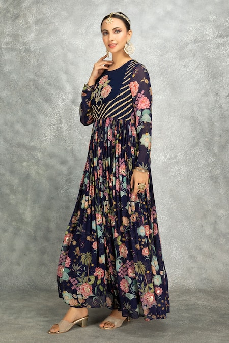 Buy Tanu Malhotra Blue Georgette, Lycra, Organza Beads Round Floral Print Anarkali Churidar Set Online at Aza Fashions Buy_Tanu Malhotra_Blue Georgette, Lycra, Organza Beads Round Floral Print Anarkali Churidar Set _Online_at_Aza_Fashions