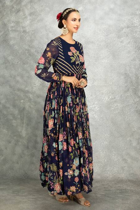 Shop Tanu Malhotra Blue Georgette, Lycra, Organza Beads Round Floral Print Anarkali Churidar Set Online at Aza Fashions Shop_Tanu Malhotra_Blue Georgette, Lycra, Organza Beads Round Floral Print Anarkali Churidar Set _Online_at_Aza_Fashions