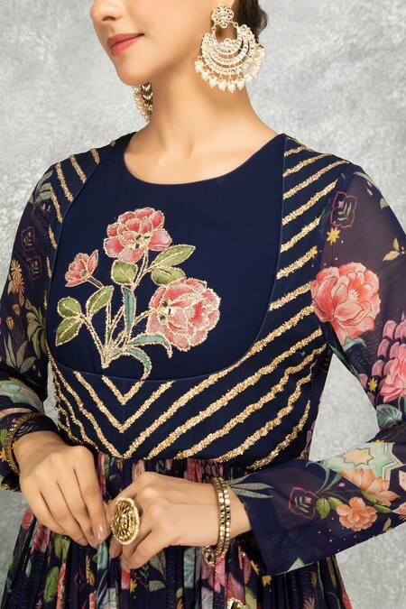 Tanu Malhotra Blue Georgette, Lycra, Organza Beads Round Floral Print Anarkali Churidar Set at Aza Fashions Tanu Malhotra_Blue Georgette, Lycra, Organza Beads Round Floral Print Anarkali Churidar Set _at_Aza_Fashions