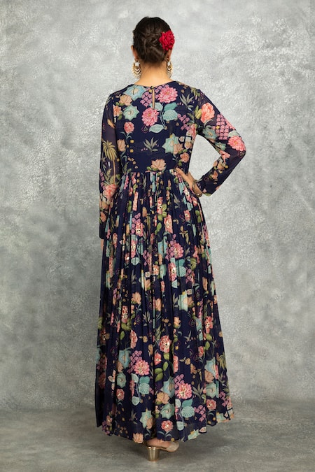 Shop Tanu Malhotra Blue Georgette, Lycra, Organza Beads Round Floral Print Anarkali Churidar Set at Aza Fashions Shop_Tanu Malhotra_Blue Georgette, Lycra, Organza Beads Round Floral Print Anarkali Churidar Set _at_Aza_Fashions