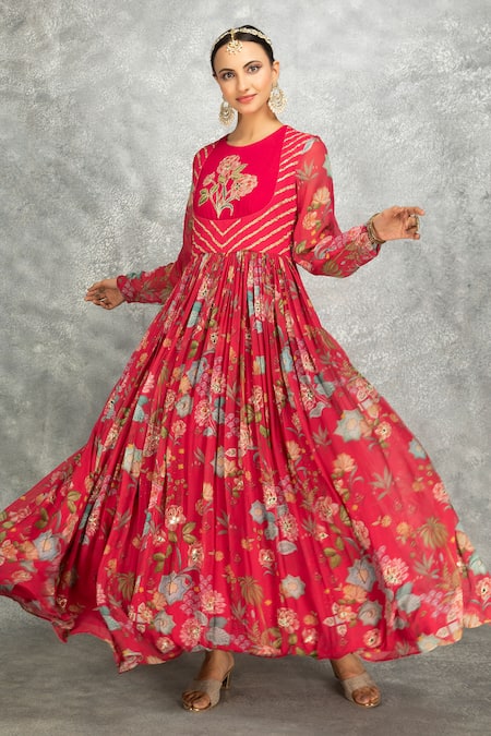 Tanu Malhotra Pink Georgette, Lycra, Organza Beads, Floral Print Anarkali And Churidar Set Online at Aza Fashions Tanu Malhotra_Pink Georgette, Lycra, Organza Beads, Floral Print Anarkali And Churidar Set _Online_at_Aza_Fashions