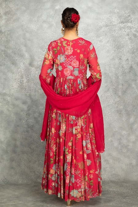 Shop Tanu Malhotra Pink Georgette, Lycra, Organza Beads, Floral Print Anarkali And Churidar Set at Aza Fashions Shop_Tanu Malhotra_Pink Georgette, Lycra, Organza Beads, Floral Print Anarkali And Churidar Set _at_Aza_Fashions