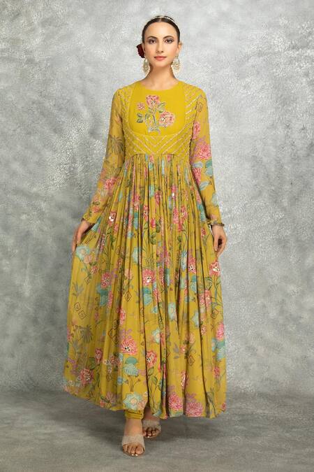 Tanu Malhotra Green Georgette, Lycra, Organza Beads, Mirrors Round Floral Print Anarkali Set Online at Aza Fashions Tanu Malhotra_Green Georgette, Lycra, Organza Beads, Mirrors Round Floral Print Anarkali Set _Online_at_Aza_Fashions