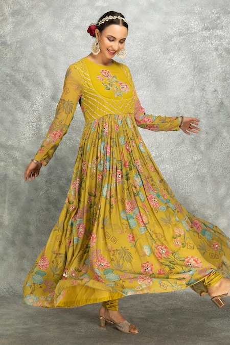 Shop Tanu Malhotra Green Georgette, Lycra, Organza Beads, Mirrors Round Floral Print Anarkali Set Online at Aza Fashions Shop_Tanu Malhotra_Green Georgette, Lycra, Organza Beads, Mirrors Round Floral Print Anarkali Set _Online_at_Aza_Fashions