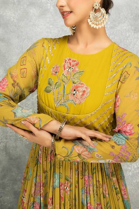 Tanu Malhotra Green Georgette, Lycra, Organza Beads, Mirrors Round Floral Print Anarkali Set at Aza Fashions Tanu Malhotra_Green Georgette, Lycra, Organza Beads, Mirrors Round Floral Print Anarkali Set _at_Aza_Fashions