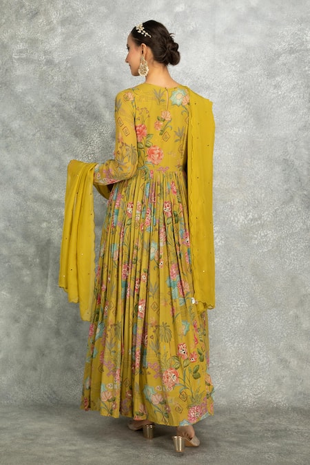 Shop Tanu Malhotra Green Georgette, Lycra, Organza Beads, Mirrors Round Floral Print Anarkali Set at Aza Fashions Shop_Tanu Malhotra_Green Georgette, Lycra, Organza Beads, Mirrors Round Floral Print Anarkali Set _at_Aza_Fashions