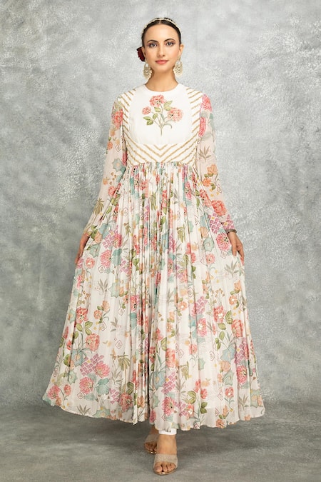 Tanu Malhotra White Georgette, Lycra, Organza Embroidery, Beads Round Mirror Anarkali Set Online at Aza Fashions Tanu Malhotra_White Georgette, Lycra, Organza Embroidery, Beads Round Mirror Anarkali Set _Online_at_Aza_Fashions