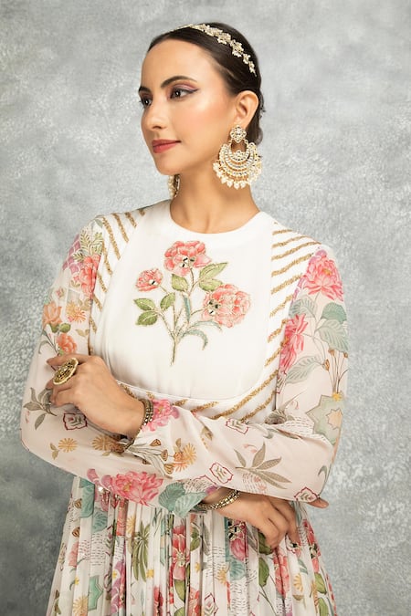 Tanu Malhotra White Georgette, Lycra, Organza Embroidery, Beads Round Mirror Anarkali Set at Aza Fashions Tanu Malhotra_White Georgette, Lycra, Organza Embroidery, Beads Round Mirror Anarkali Set _at_Aza_Fashions