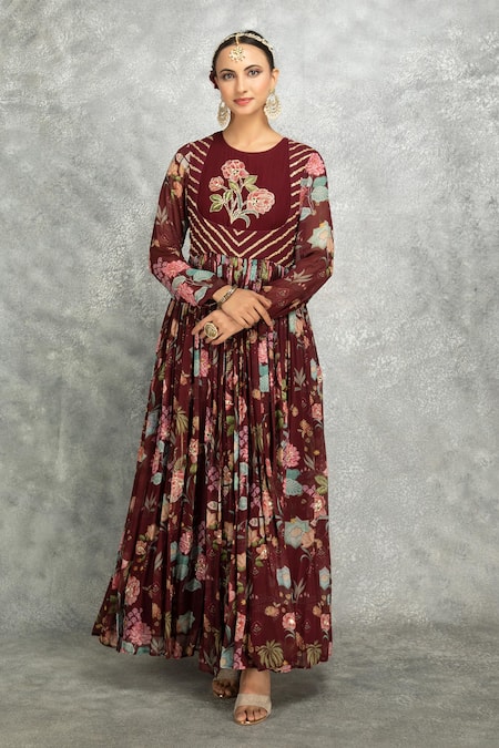 Tanu Malhotra Wine Georgette, Lycra, Organza Beads, Mirrors Embroidered Anarkali Churidar Set Online at Aza Fashions Tanu Malhotra_Wine Georgette, Lycra, Organza Beads, Mirrors Embroidered Anarkali Churidar Set _Online_at_Aza_Fashions