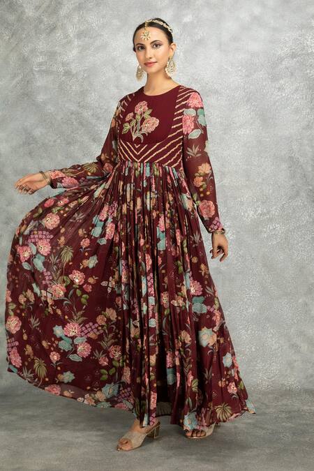 Buy Tanu Malhotra Wine Georgette, Lycra, Organza Beads, Mirrors Embroidered Anarkali Churidar Set Online at Aza Fashions Buy_Tanu Malhotra_Wine Georgette, Lycra, Organza Beads, Mirrors Embroidered Anarkali Churidar Set _Online_at_Aza_Fashions