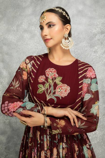 Tanu Malhotra Wine Georgette, Lycra, Organza Beads, Mirrors Embroidered Anarkali Churidar Set at Aza Fashions Tanu Malhotra_Wine Georgette, Lycra, Organza Beads, Mirrors Embroidered Anarkali Churidar Set _at_Aza_Fashions