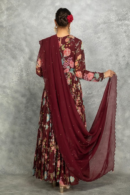 Shop Tanu Malhotra Wine Georgette, Lycra, Organza Beads, Mirrors Embroidered Anarkali Churidar Set at Aza Fashions Shop_Tanu Malhotra_Wine Georgette, Lycra, Organza Beads, Mirrors Embroidered Anarkali Churidar Set _at_Aza_Fashions