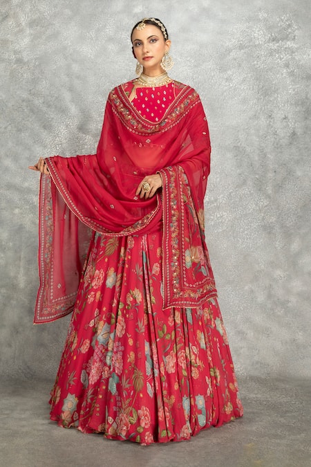 Buy Tanu Malhotra Pink Georgette, Organza Embroidery, Mirrors Floral Print Lehenga Set Online at Aza Fashions Buy_Tanu Malhotra_Pink Georgette, Organza Embroidery, Mirrors Floral Print Lehenga Set _Online_at_Aza_Fashions