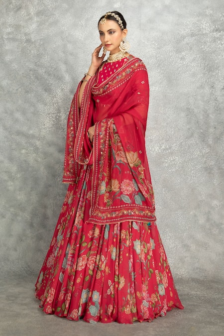 Shop Tanu Malhotra Pink Georgette, Organza Embroidery, Mirrors Floral Print Lehenga Set Online at Aza Fashions Shop_Tanu Malhotra_Pink Georgette, Organza Embroidery, Mirrors Floral Print Lehenga Set _Online_at_Aza_Fashions